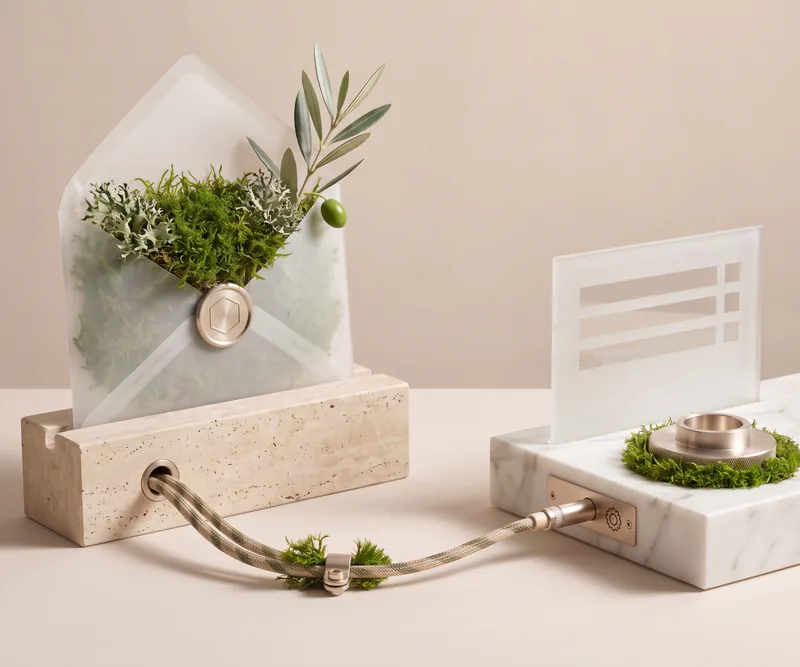 Open frosted-glass envelope set in a travertine block, out of which grow moss, lichen and a young olive branch; a braided cable with moss at its clamp leads to a Calacatta block with a gear plaque, on which stands a frosted-glass panel with three order lines, and in front of it lies a turned champagne-metal flange in a ring of moss