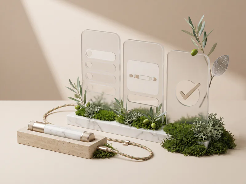 Slim Calacatta marble handpiece with champagne caps in a travertine charging cradle; a braided cable connects it to three upright phone-sized frosted-glass panels on a Calacatta plinth – a list, a device card and a check mark in champagne metal –, with moss, lichen and young olive branches bearing green olives and a silicon leaf growing from panel to panel