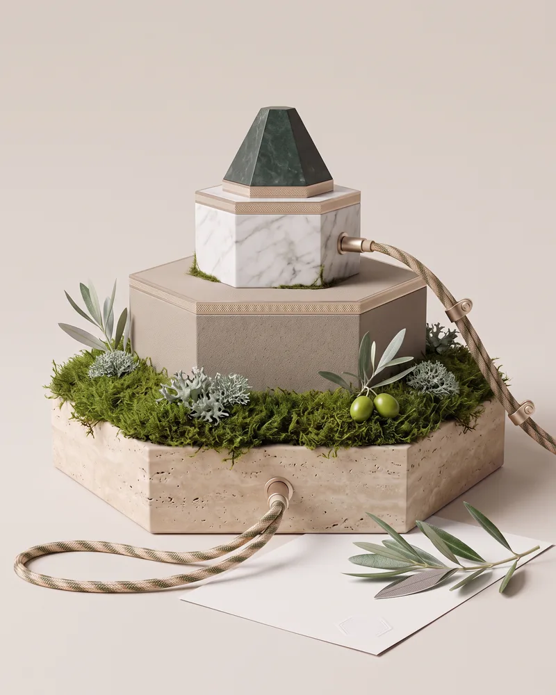 Hexagonal stepped pyramid of travertine, sandstone and Calacatta with a tip of dark Verde marble and champagne edges; moss, gray-green lichen, olive shoots and two green olives grow at the bottom while the tip stays bare; a braided cable plugs into the base, in front of it a sheet with a blind-embossed hexagonal seal