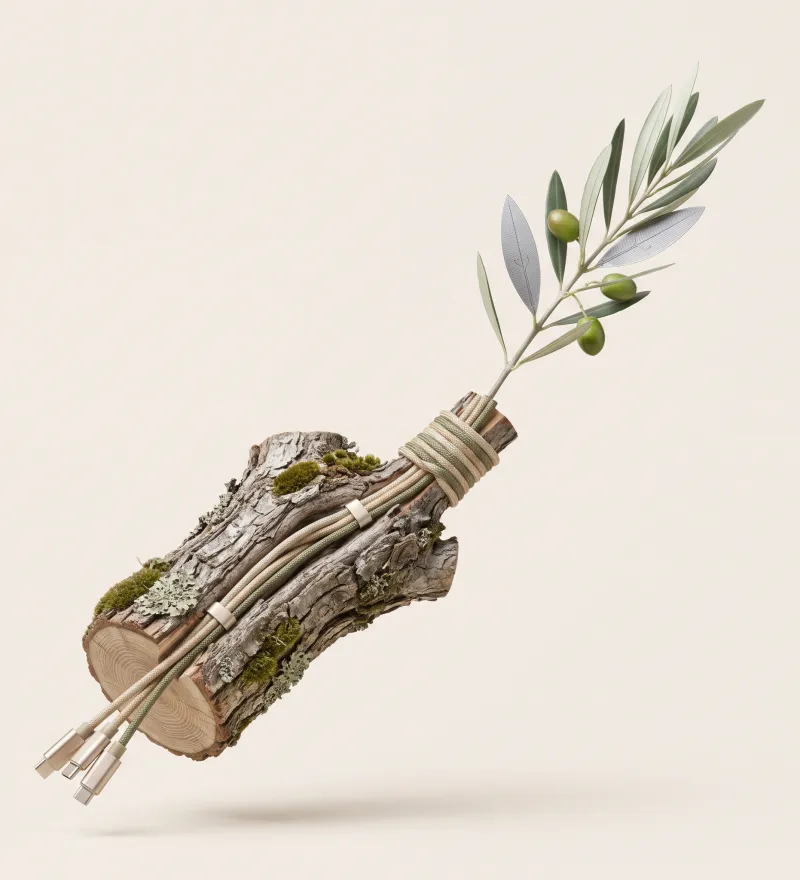Branch section of an old olive tree with moss in the bark, wrapped in a cable bundle from which a young olive branch with green olives and silicon leaves grows; plugs protrude at the lower end