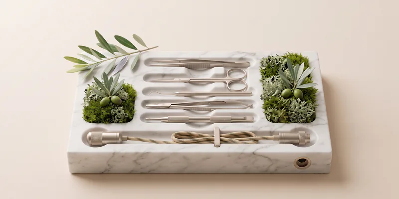 Milled instrument tray of white Calacatta marble holding forceps, micro scissors, a probe, a needle holder and an instrument handle in titanium and champagne metal; moss, gray-green lichen and an olive branch with green olives grow in each of two hollows, and a sensor with a braided cable lies in the milled channel
