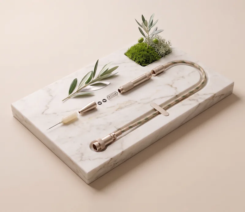 Exploded view of a surgical handpiece on white Calacatta marble: cannula, silicone sleeve, cone, O-rings, spring and knurled handle housing in champagne metal, laid out in a row; a braided cable lies in a milled groove and is plugged into a socket, and moss, lichen and an olive branch with two green olives grow in a hollow