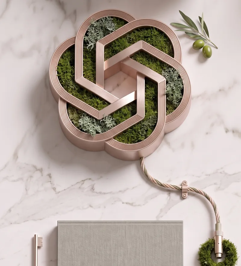 ChatGPT-Logo als Roségold-Skulptur mit ineinander verschlungenen Bändern, Moos und Flechte auf Calacatta-Marmor, in der Aufsicht; daneben ein Olivenzweig mit zwei grünen Oliven, darunter ein geflochtenes Kabel mit Moosring, ein Schlüssel und ein Notizbuch