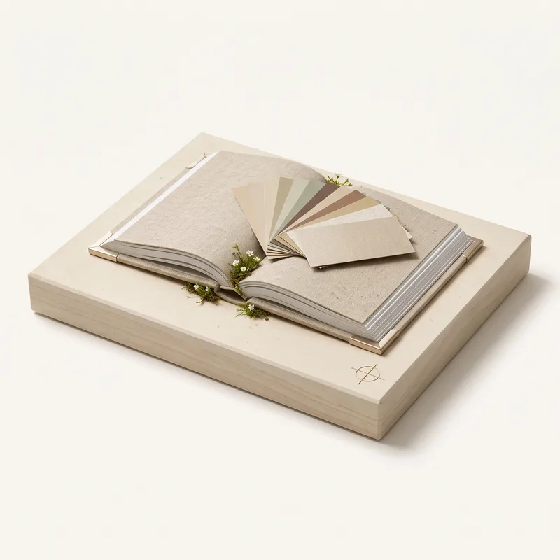 Open sample book with a fan of paper and fabric swatches on a light plinth, small cushions of moss with white flowers