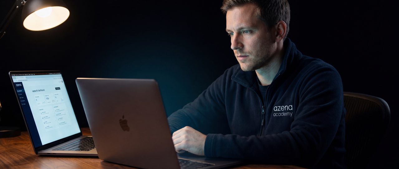 Code-Editor-Ansicht auf dunklem Monitor mit blau-grünem Glow