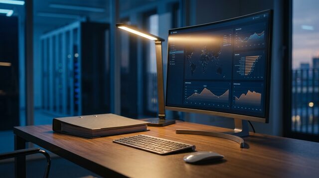 MedTech-Audit-Workstation mit walnut desk + closed compliance binder