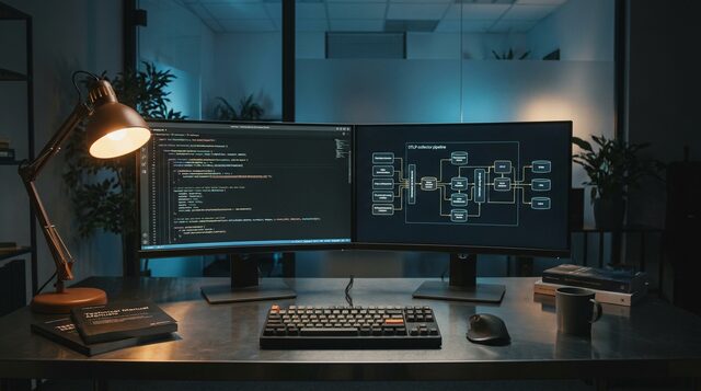 Developer-Workstation at night mit observability dashboard und OTLP collector pipeline