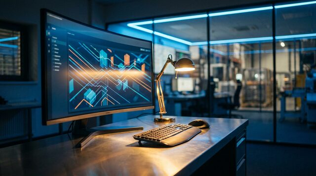 Logistik-Disposition mit curved monitor und order-triage routing dashboard